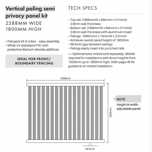 VERTICAL PICKET KIT: Fence Panel - 2338W x 1800H | MidRail | Paling Toppers - Image 4